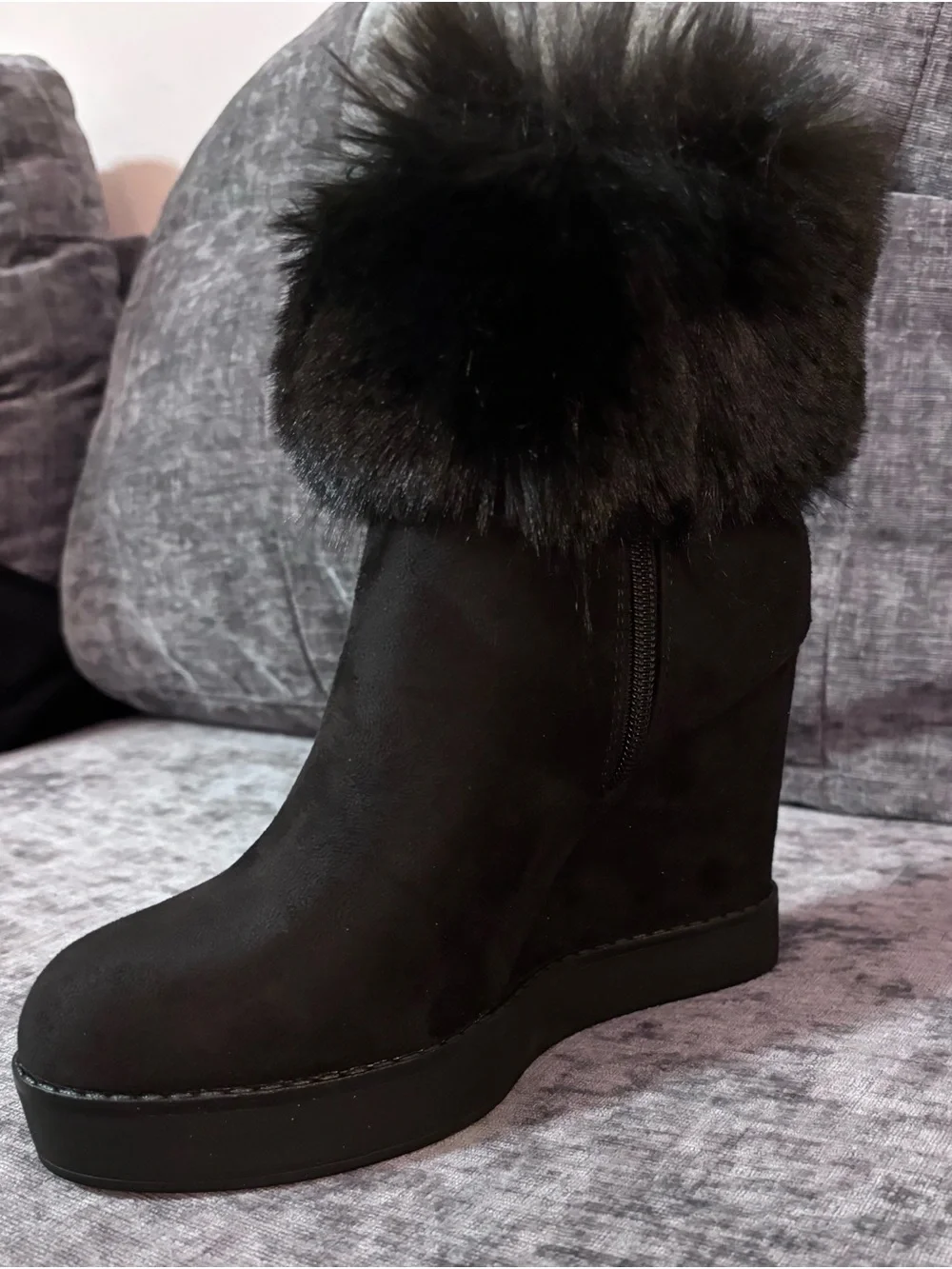 Faux Fur Trim Black Wedge Ankle Boot - Women